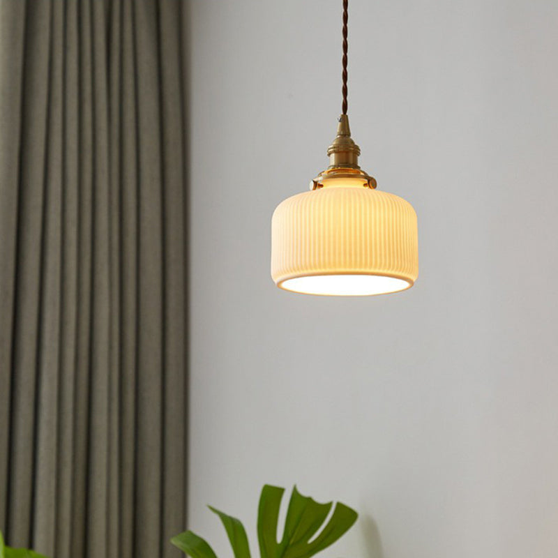 Retro Style Rounded Drum Suspension Lighting 1 Head Ceramic Pendant Ceiling Light in Brass Clearhalo 'Ceiling Lights' 'Lighting' 'Pendant Lights' 2290015_1f7fbc77-9deb-463b-b981-584538fd46e1