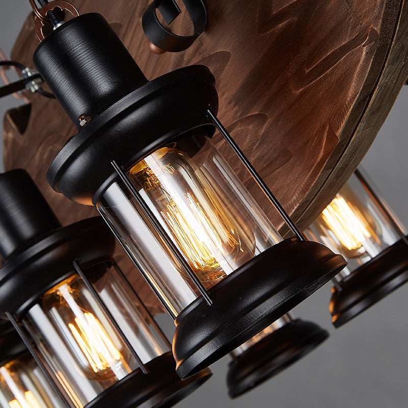 Clear Glass Lantern Island Pendant Country 6-Bulb Dining Room Suspension Light with Wooden Fish Deco Clearhalo 'Ceiling Lights' 'Island Lights' Lighting' 2290135