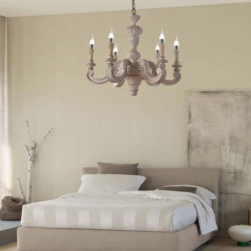 Branch Pendant Chandelier Traditional Wood 6 Bulbs White Hanging Lamp for Bedroom Clearhalo 'Ceiling Lights' 'Chandeliers' Lighting' options 229260