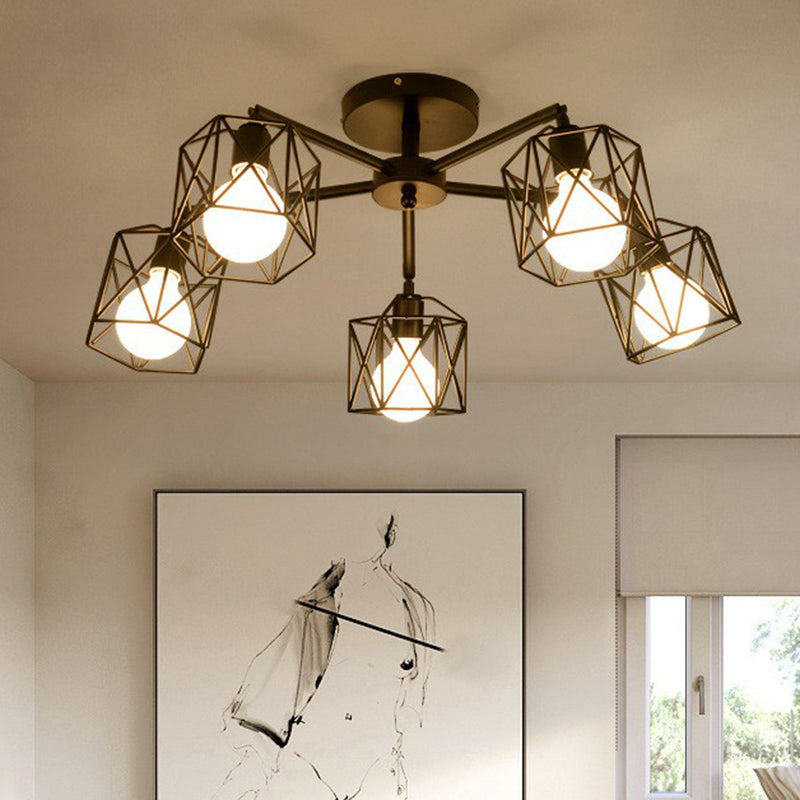 Flush Ceiling Light Industrial Living Room Flush Mount Light with Hexagonal Iron Cage in Black 5 Black Clearhalo 'Ceiling Lights' 'Close To Ceiling Lights' 'Close to ceiling' 'Flush mount' 'Industrial Flush Mount' Lighting' 2294018