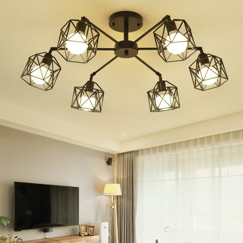 Flush Ceiling Light Industrial Living Room Flush Mount Light with Hexagonal Iron Cage in Black 6 Black Clearhalo 'Ceiling Lights' 'Close To Ceiling Lights' 'Close to ceiling' 'Flush mount' 'Industrial Flush Mount' Lighting' 2294020