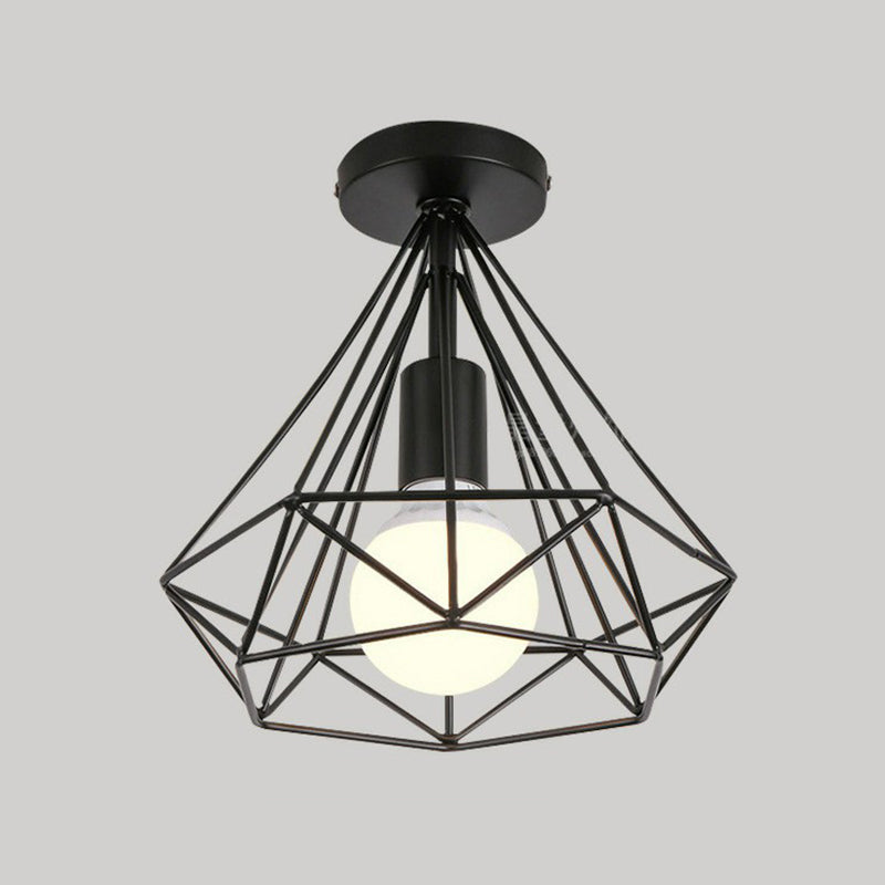 Single-Bulb Ceiling Fixture Vintage Iron Wire Geometric Flush Mount Lighting for Aisle Black A Clearhalo 'Ceiling Lights' 'Close To Ceiling Lights' 'Close to ceiling' 'Flush mount' 'Industrial Flush Mount' Lighting' 2294029