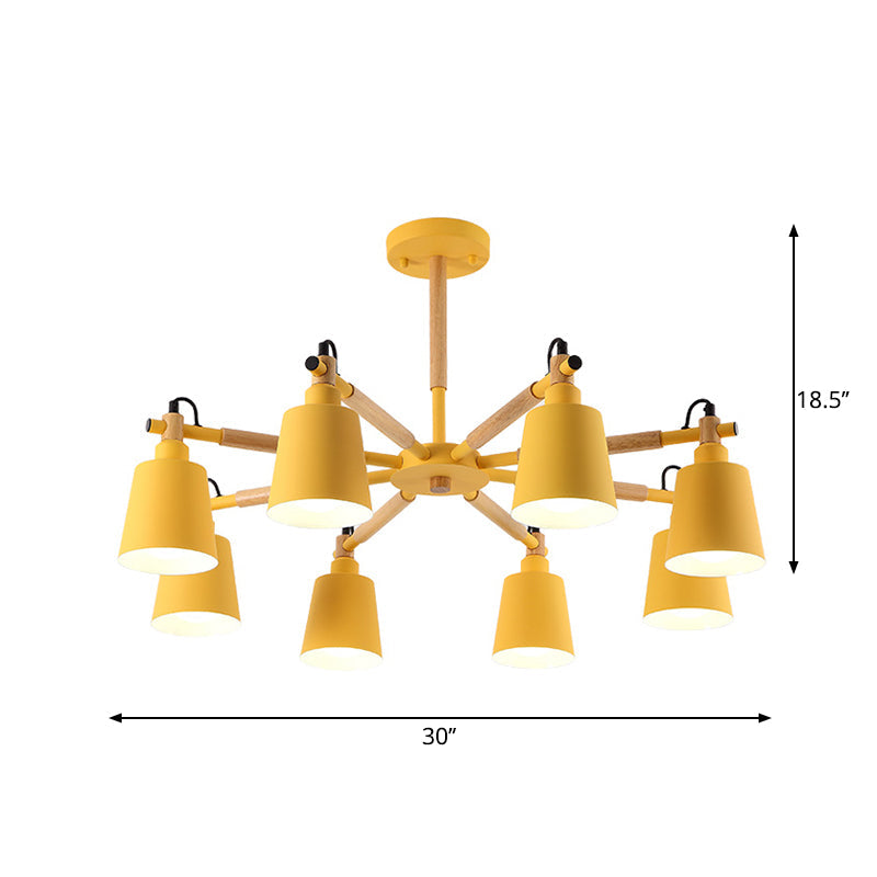 8 Bulbs Living Room Chandelier Macaron Wood Pendant Light with Tapered Metal Shade Yellow Clearhalo 'Ceiling Lights' 'Chandeliers' Lighting' options 2294317_94de8095-da04-41fa-8daf-1e18b230d2d3