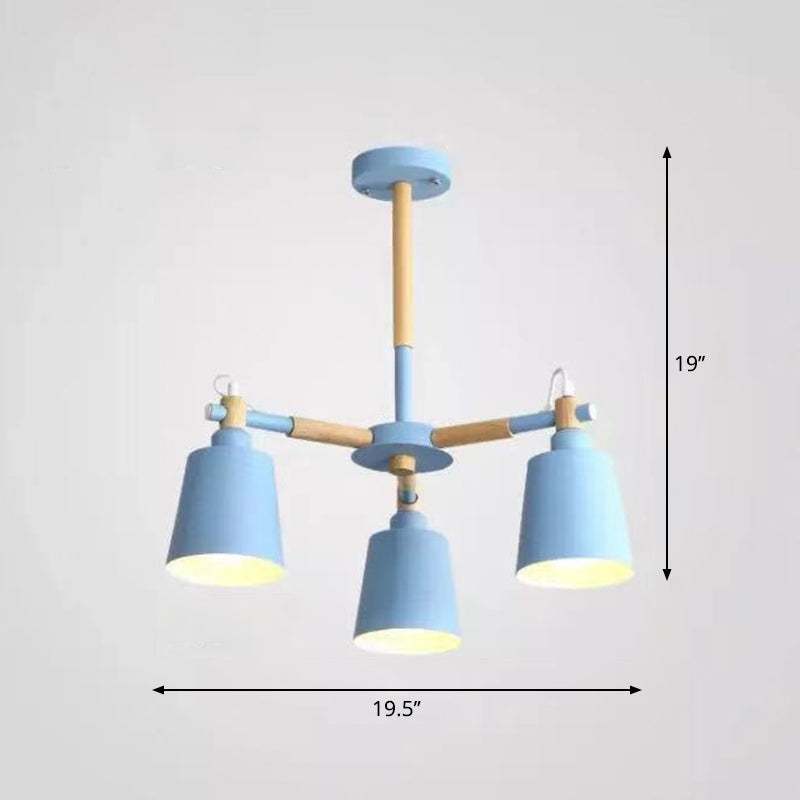 Wooden Radial Pendant Lighting Macaron Chandelier with Tapered Metal Shade for Living Room 3 Blue Clearhalo 'Ceiling Lights' 'Chandeliers' Lighting' options 2294331_eec1edee-f7d0-49f1-b6b2-da0712b2e540