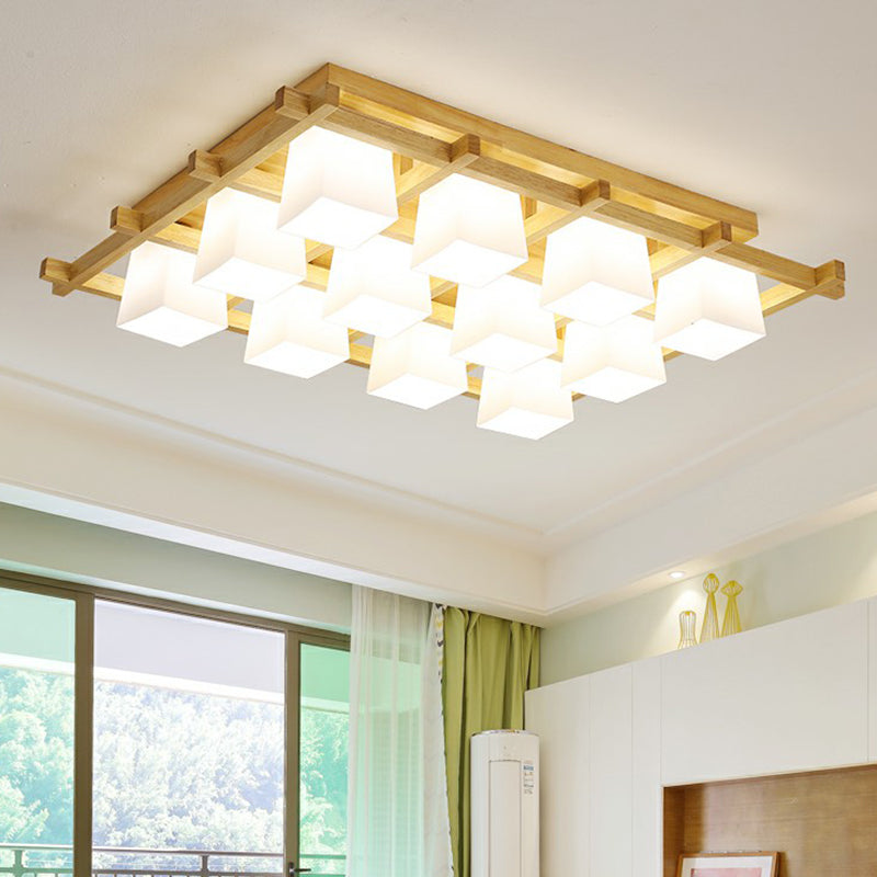 White Glass Cube Ceiling Flush Light Modern Style Semi Flush Mount Lighting with Wood Grid Clearhalo 'Ceiling Lights' 'Close To Ceiling Lights' 'Close to ceiling' 'Semi-flushmount' Lighting' 2294477