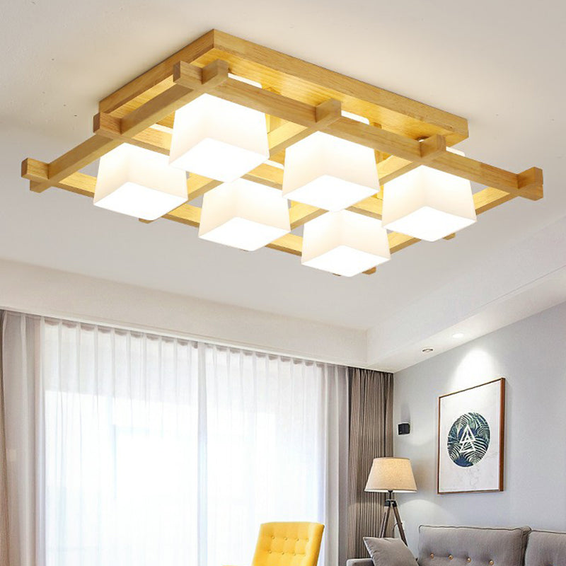 White Glass Cube Ceiling Flush Light Modern Style Semi Flush Mount Lighting with Wood Grid Clearhalo 'Ceiling Lights' 'Close To Ceiling Lights' 'Close to ceiling' 'Semi-flushmount' Lighting' 2294482