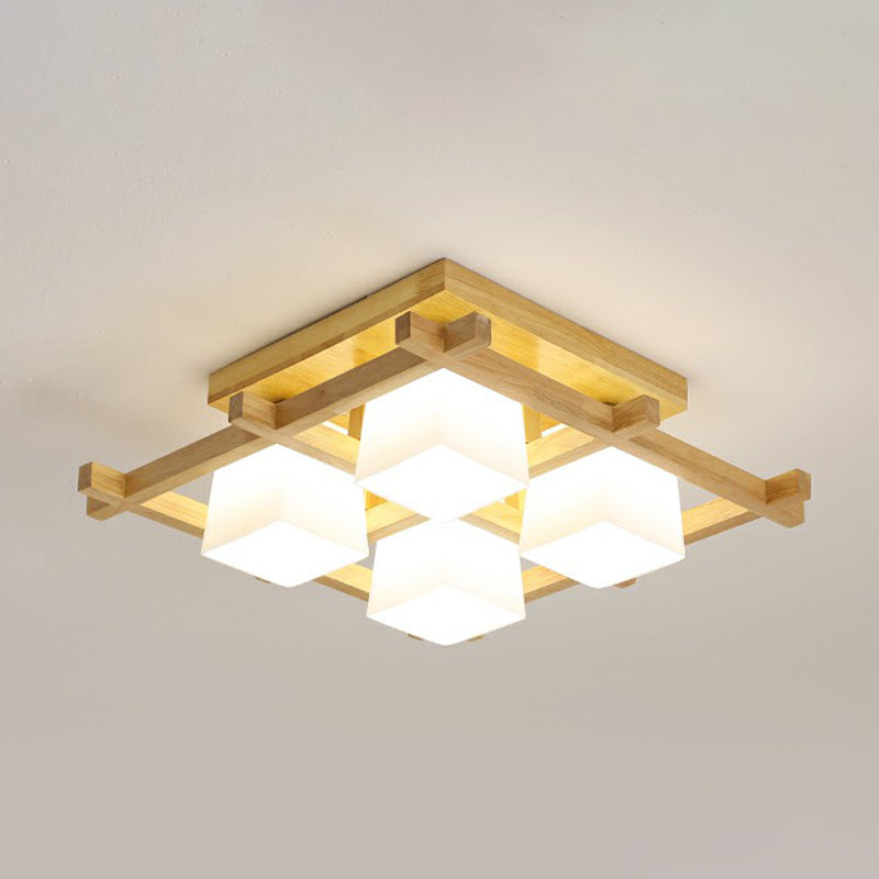 White Glass Cube Ceiling Flush Light Modern Style Semi Flush Mount Lighting with Wood Grid Clearhalo 'Ceiling Lights' 'Close To Ceiling Lights' 'Close to ceiling' 'Semi-flushmount' Lighting' 2294484