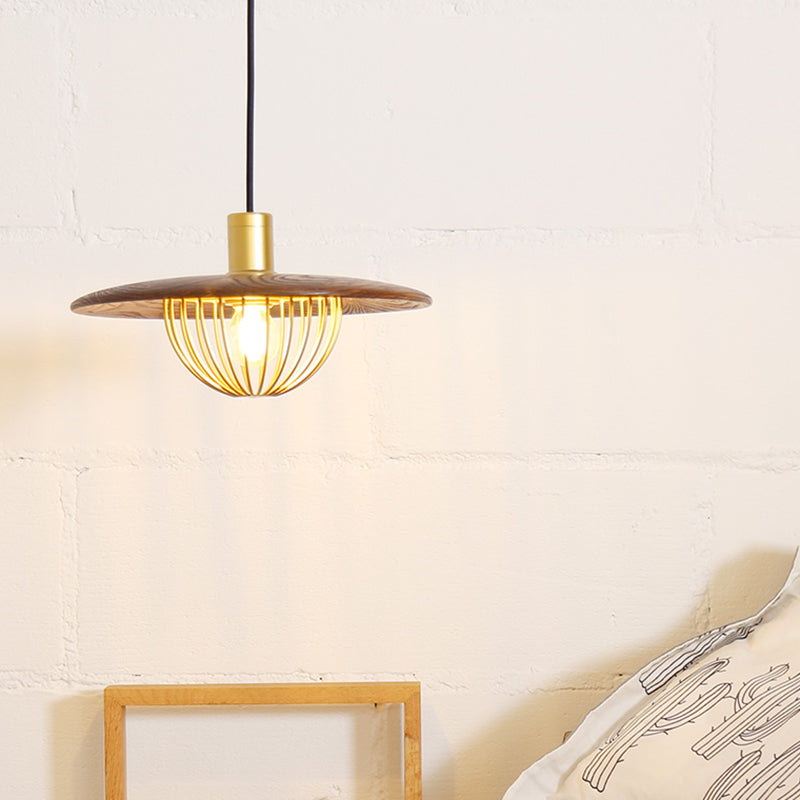 Disc Wooden Pendant Lighting Contemporary 1-Light Hanging Ceiling Light with Cage Bottom Clearhalo 'Ceiling Lights' 'Modern Pendants' 'Modern' 'Pendant Lights' 'Pendants' Lighting' 2294502