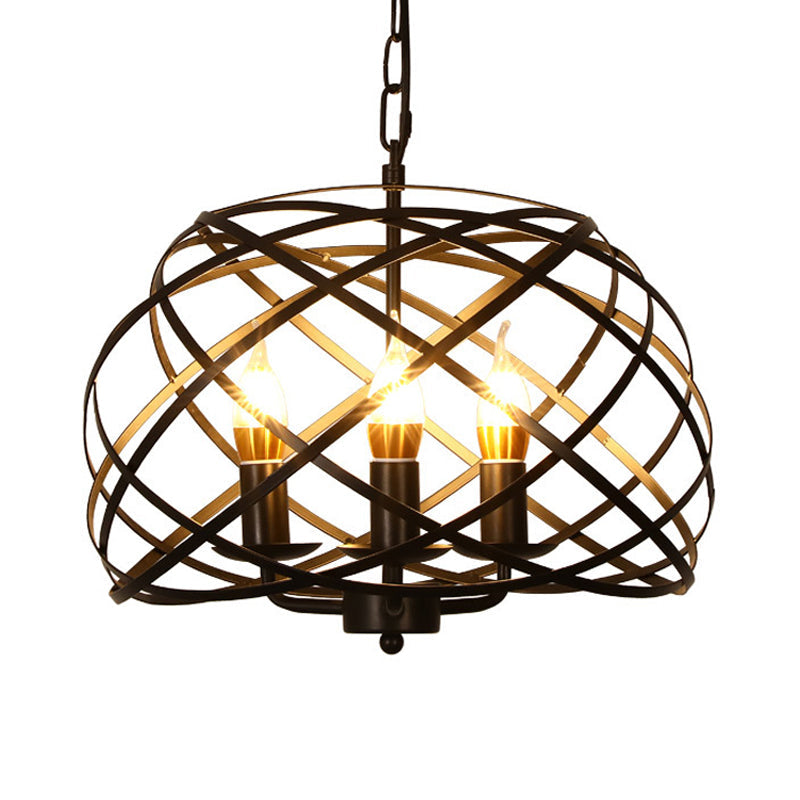 Black 3 Lights Chandelier Light Fixture Country Metal Caged Pendant Lamp for Dining Room Clearhalo 'Ceiling Lights' 'Chandeliers' Lighting' options 229489