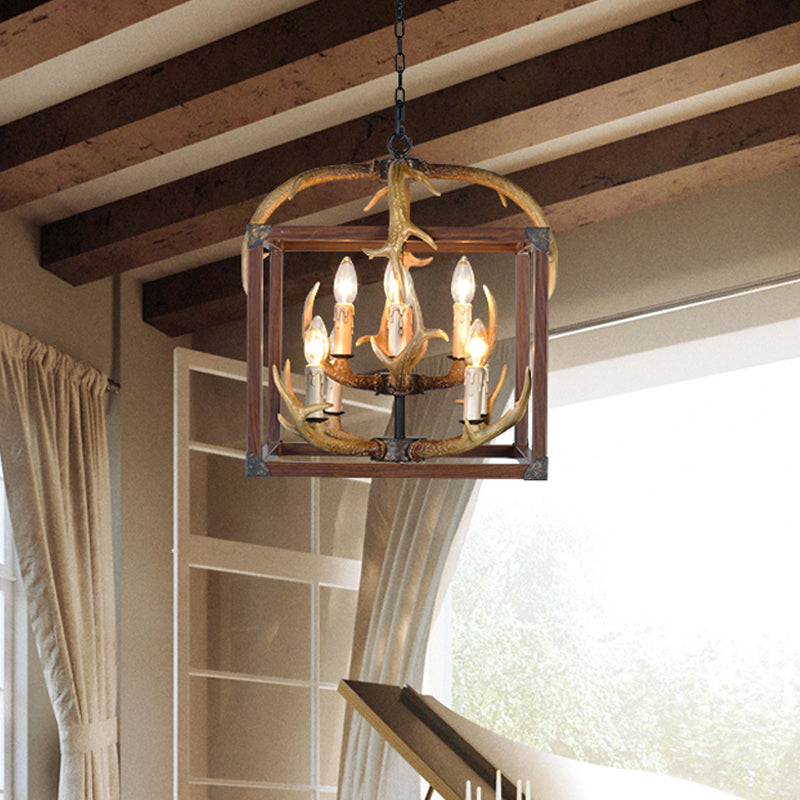 Red Brown Rectangle Frame Pendant Lighting Rustic Metal 4/8 Lights Dining Room Chandelier Lamp Clearhalo 'Ceiling Lights' 'Chandeliers' Lighting' options 229522