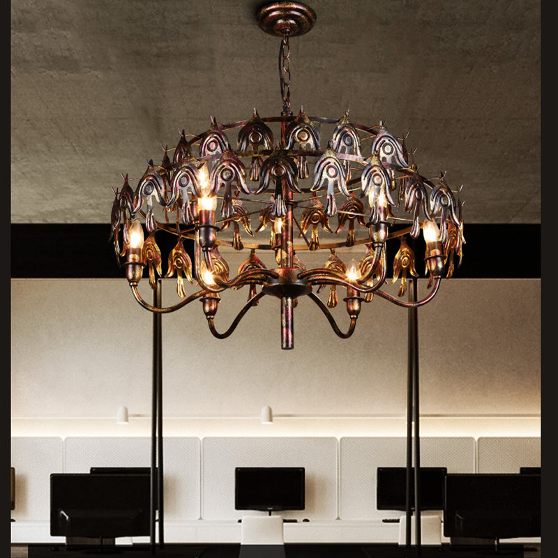 Exposed Bulb Living Room Pendant Chandelier Country Metal 9 Lights Rustic Copper Hanging Fixture Clearhalo 'Ceiling Lights' 'Chandeliers' Lighting' options 229534