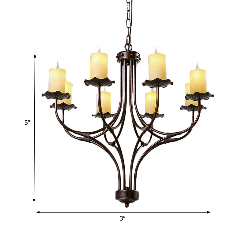 8 Lights Yellow Glass Hanging Chandelier Country Bronze Candle Shaped Living Room Pendant Light Fixture Clearhalo 'Ceiling Lights' 'Chandeliers' 'Close To Ceiling Lights' 'Glass shade' 'Glass' Lighting' 229603