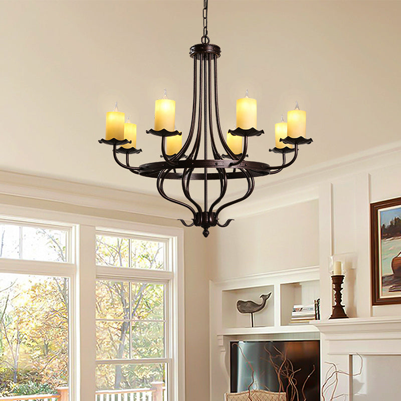 Candle Yellow Glass Chandelier Lamp Country 8 Lights Dining Room Pendant Lighting in Bronze Bronze Clearhalo 'Ceiling Lights' 'Chandeliers' 'Close To Ceiling Lights' 'Glass shade' 'Glass' Lighting' 229604