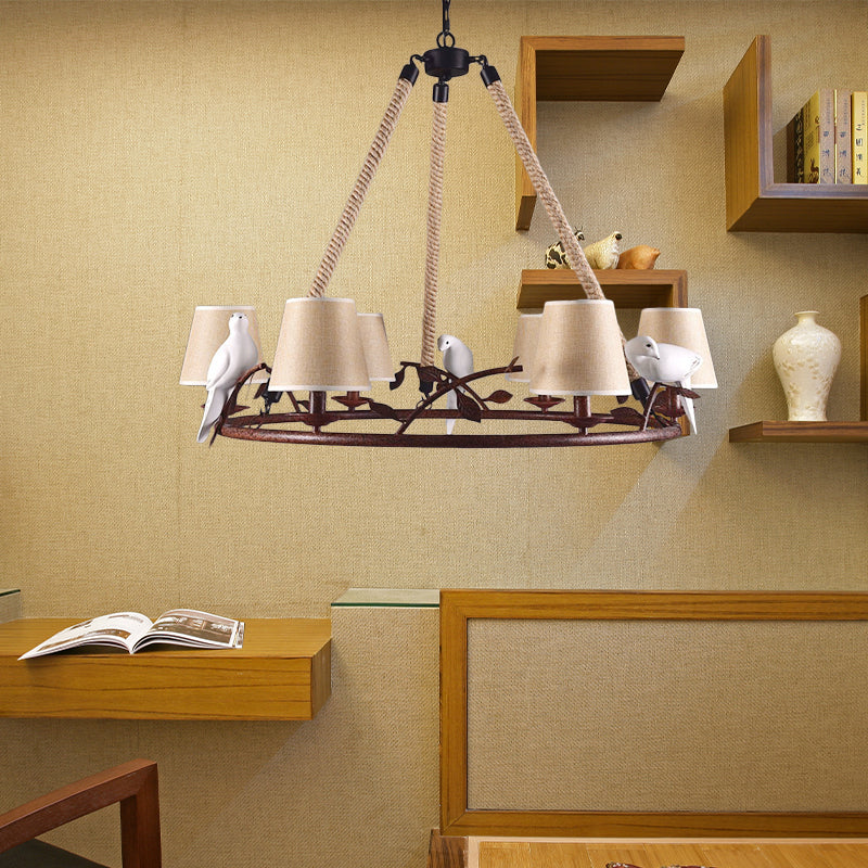 Wheel Metal Chandelier Lighting Vintage 6 Lights Dining Room Pendant Lighting in Rust with Tapered Fabric Shade Clearhalo 'Ceiling Lights' 'Chandeliers' Lighting' options 229609