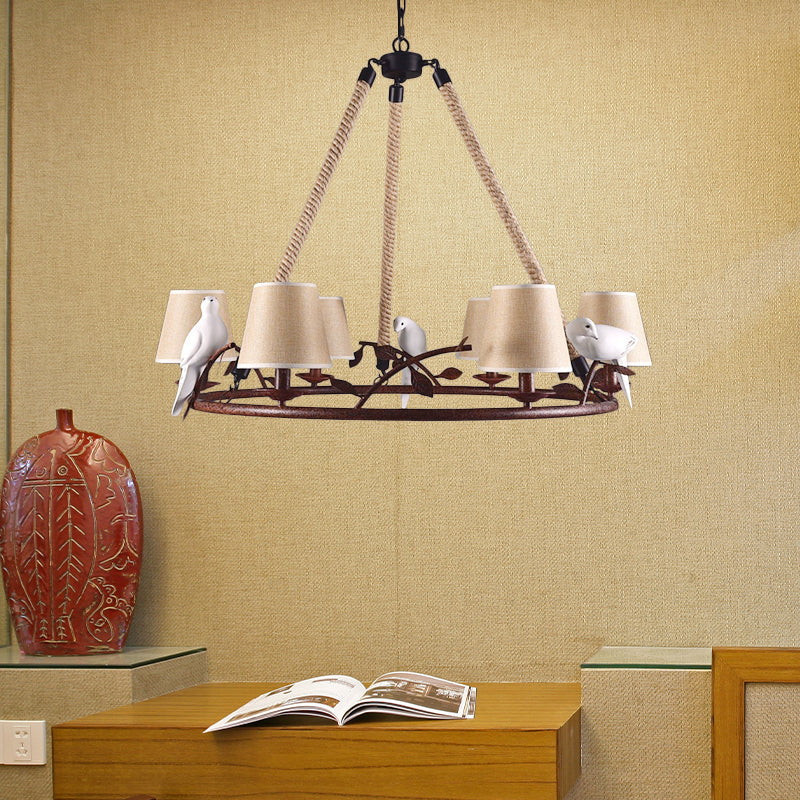 Wheel Metal Chandelier Lighting Vintage 6 Lights Dining Room Pendant Lighting in Rust with Tapered Fabric Shade Clearhalo 'Ceiling Lights' 'Chandeliers' Lighting' options 229610