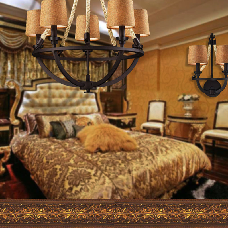 Semi-Circle Cage Bedroom Pendant Chandelier Country Metal 5 Lights Bronze Hanging Fixture with Fabric Shade Bronze Clearhalo 'Ceiling Lights' 'Chandeliers' Lighting' options 229613_13020cbf-fefe-45e9-9528-de858de037c4