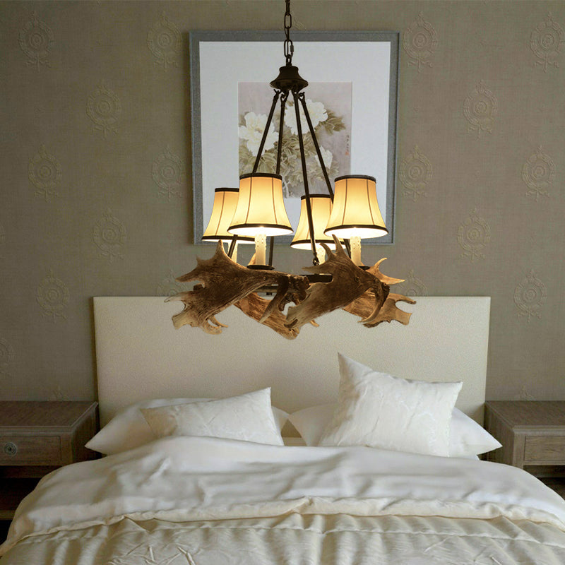 Tapered Dining Room Ceiling Chandelier Rustic Resin 4 Lights Beige Hanging Fixture with Fabric Shade Clearhalo 'Ceiling Lights' 'Chandeliers' Lighting' options 229617