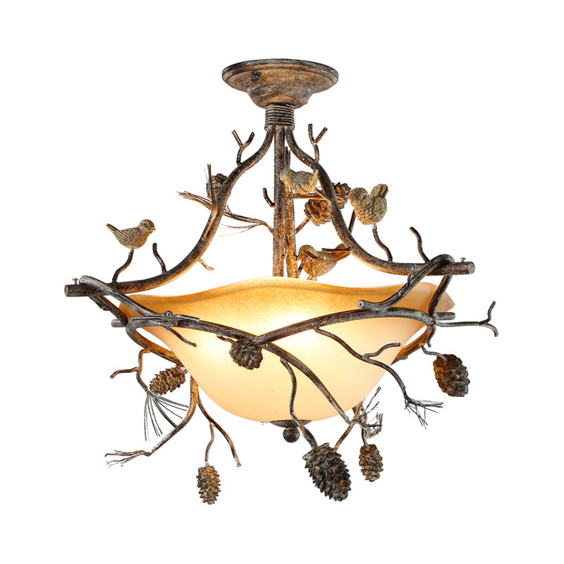 3 Lights Bowl Semi Flush Light Country Bronze Frosted Glass Semi Flush Mount Lighting for Bedroom Clearhalo 'Ceiling Lights' 'Close To Ceiling Lights' 'Close to ceiling' 'Glass shade' 'Glass' 'Island Lights' 'Semi-flushmount' Lighting' 229785