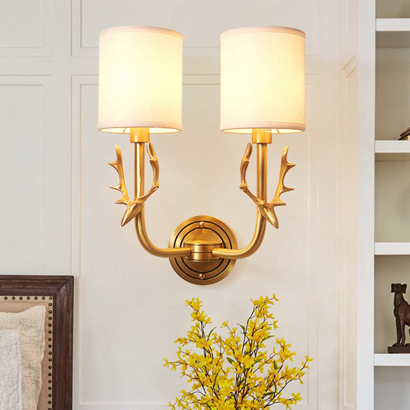 Metal Elk Sconce Lighting Rustic 1/2 Light Living Room Wall Mounted Lamp in Black/Gold with Cylinder Fabric Shade 2.0 Gold Clearhalo 'Wall Lamps & Sconces' 'Wall Lights' Lighting' 229944