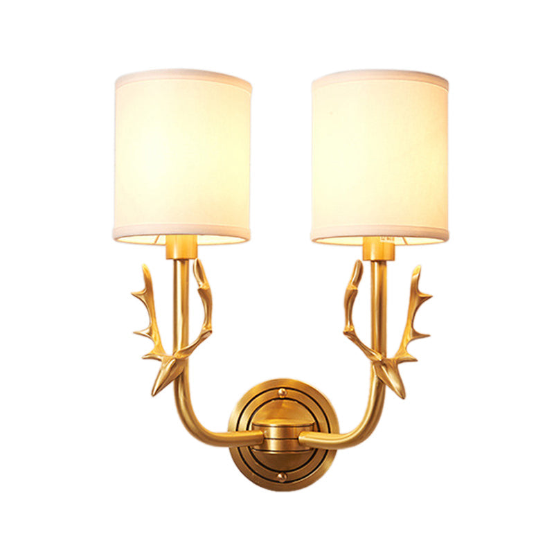 Metal Elk Sconce Lighting Rustic 1/2 Light Living Room Wall Mounted Lamp in Black/Gold with Cylinder Fabric Shade Clearhalo 'Wall Lamps & Sconces' 'Wall Lights' Lighting' 229946