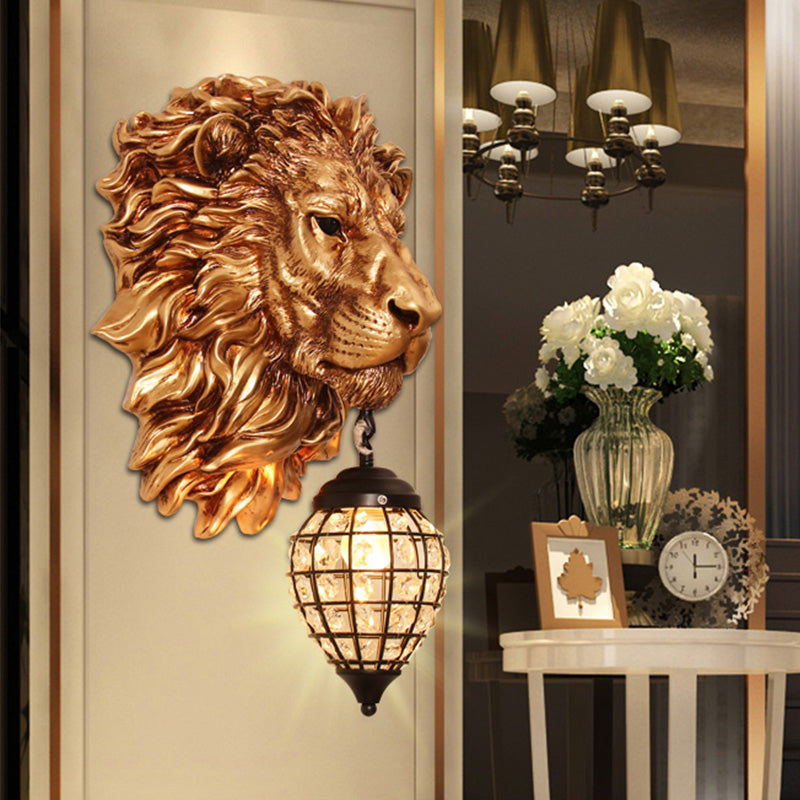 Resin Lion Sconce Lighting Rustic 1 Light Indoor Wall Mounted Lamp in Gold with Black Teardrop Shade Clearhalo 'Wall Lamps & Sconces' 'Wall Lights' Lighting' 230073
