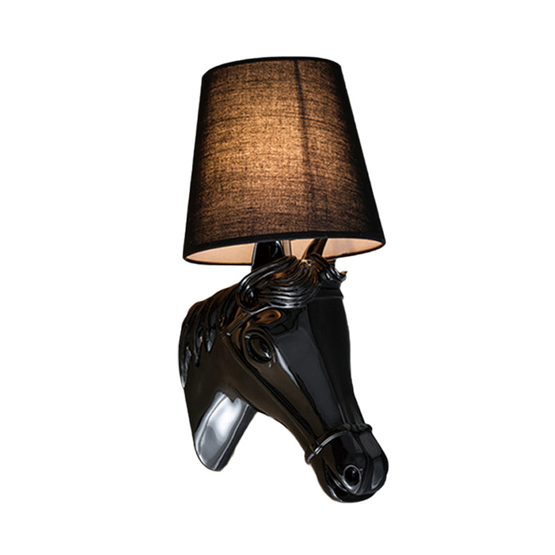 Metal Horse Head Sconce Lighting Traditional 1 Light Bedroom Wall Mounted Lamp in Black/White with Fabric Shade, 8.5"/12" W Clearhalo 'Wall Lamps & Sconces' 'Wall Lights' Lighting' 230281