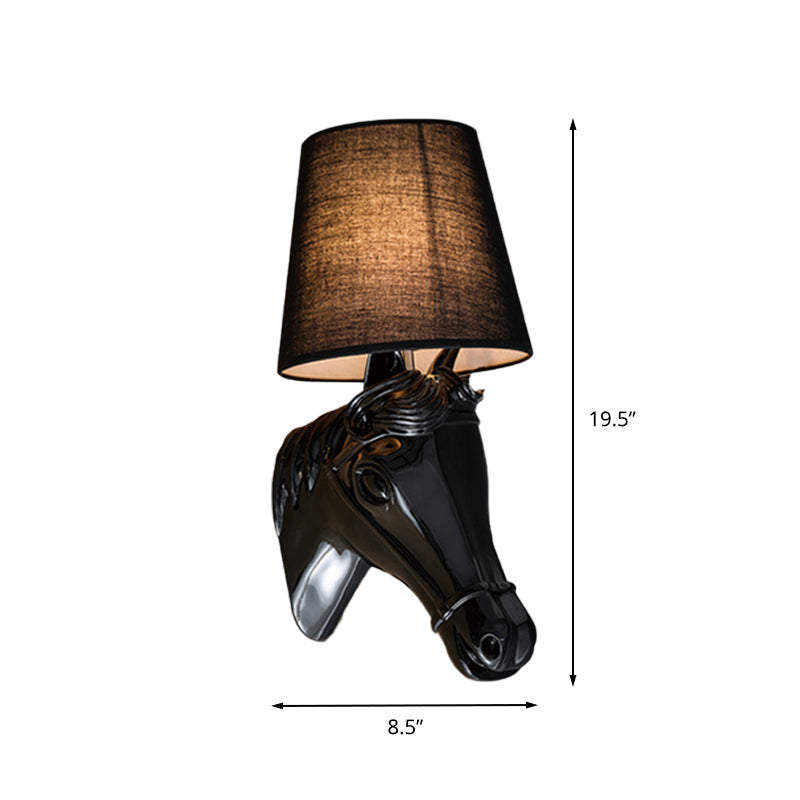 Metal Horse Head Sconce Lighting Traditional 1 Light Bedroom Wall Mounted Lamp in Black/White with Fabric Shade, 8.5"/12" W Clearhalo 'Wall Lamps & Sconces' 'Wall Lights' Lighting' 230282