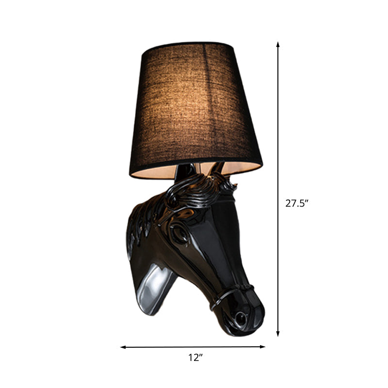 Metal Horse Head Sconce Lighting Traditional 1 Light Bedroom Wall Mounted Lamp in Black/White with Fabric Shade, 8.5"/12" W Clearhalo 'Wall Lamps & Sconces' 'Wall Lights' Lighting' 230283