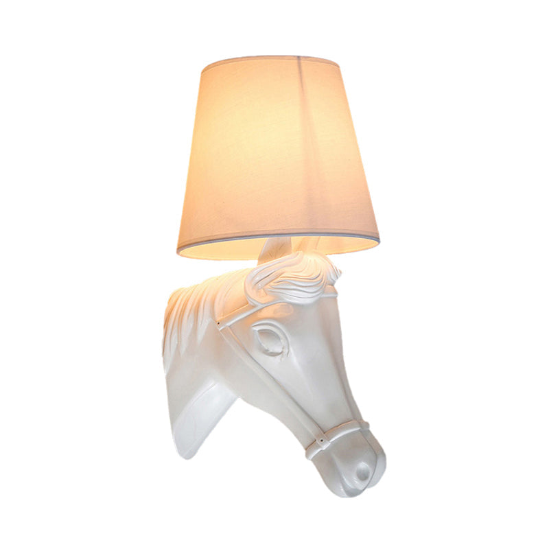 Metal Horse Head Sconce Lighting Traditional 1 Light Bedroom Wall Mounted Lamp in Black/White with Fabric Shade, 8.5"/12" W Clearhalo 'Wall Lamps & Sconces' 'Wall Lights' Lighting' 230286