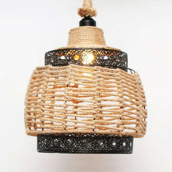 Country Style Cylindrical Ceiling Lamp 1 Light Rope and Metal Pendant Light in Beige for Restaurant Beige A Clearhalo 'Ceiling Lights' 'Industrial Pendants' 'Industrial' 'Middle Century Pendants' 'Pendant Lights' 'Pendants' 'Tiffany' Lighting' 23045