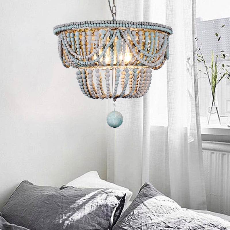 2-Tier Chandelier Modernism Wood 4 Heads 19.5"/25.5" Wide Blue and Gray Pendant Lighting Fixture for Bedroom Clearhalo 'Ceiling Lights' 'Chandeliers' Lighting' options 230534