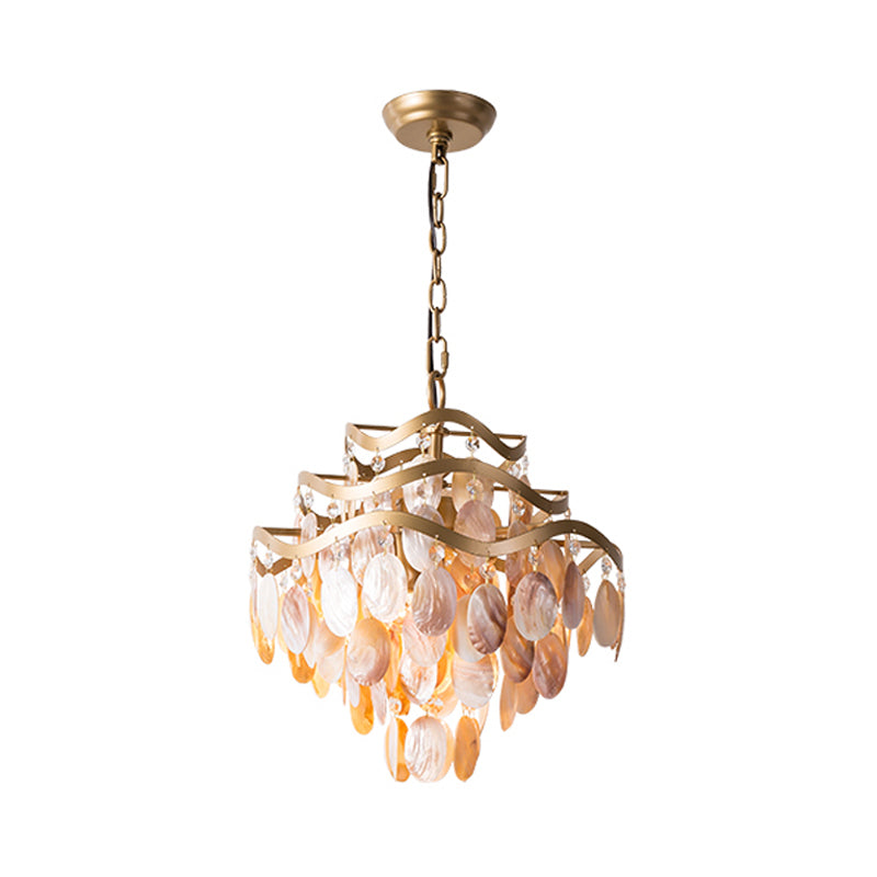 Brass 3-Tier Flower Ring Chandelier Traditional Style Seashell Design Pink Shade 4-Light Pendant Light Clearhalo 'Chandeliers' 'Deckenleuchte' 'Kronleuchte' Leuchte' 230542