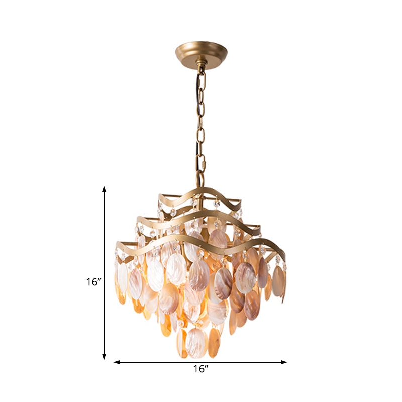 Brass 3-Tier Flower Ring Chandelier Traditional Style Seashell Design Pink Shade 4-Light Pendant Light Clearhalo 'Chandeliers' 'Deckenleuchte' 'Kronleuchte' Leuchte' 230543