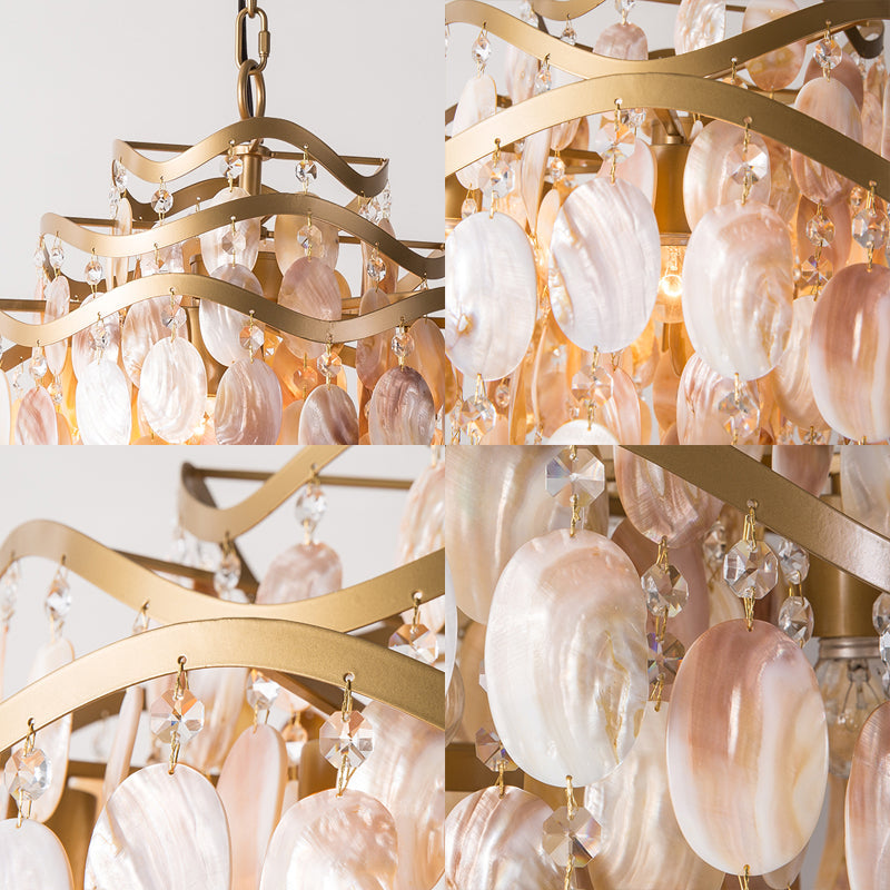 Brass 3-Tier Flower Ring Chandelier Traditional Style Seashell Design Pink Shade 4-Light Pendant Light Clearhalo 'Chandeliers' 'Deckenleuchte' 'Kronleuchte' Leuchte' 230544