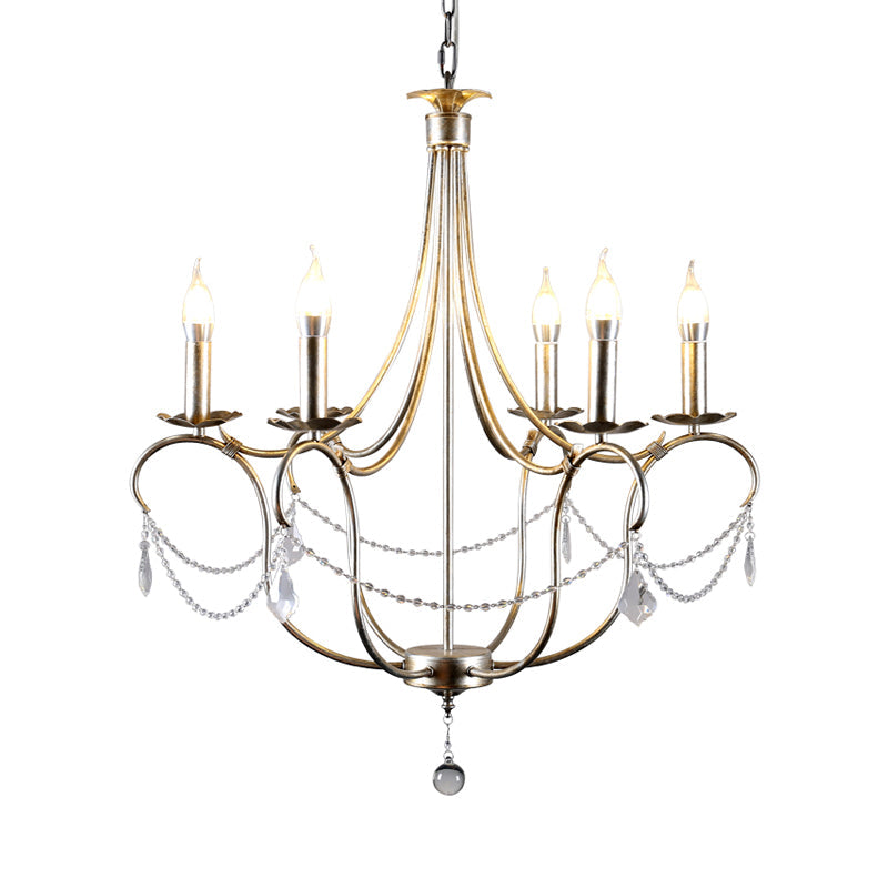 Metal Candle Chandelier Lamp Retro 6 Bulbs Silver/Gold Pendant Lighting Fixture with Crystal Teardrop for Dining Room Clearhalo 'Ceiling Lights' 'Chandeliers' Lighting' options 230603