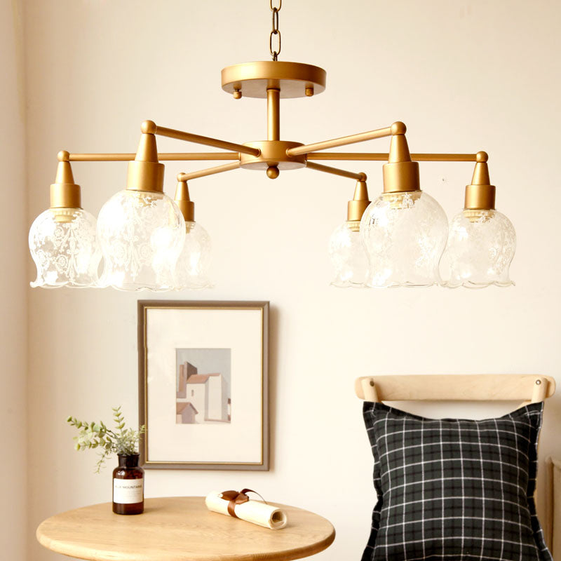 Flower Shape Living Room Semi Mount Lighting Traditional Clear Glass 6 Lights Gold Semi Flush Light Gold Clearhalo 'Ceiling Lights' 'Close To Ceiling Lights' 'Close to ceiling' 'Glass shade' 'Glass' 'Semi-flushmount' Lighting' 230644