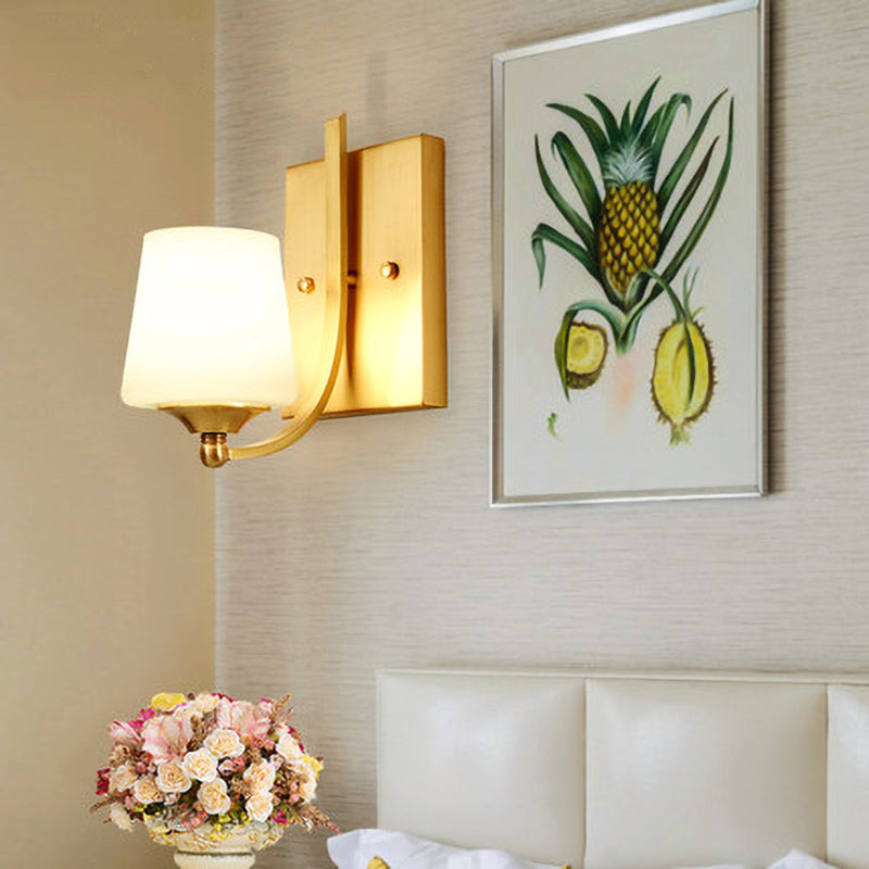 Frosted Glass Brass Sconce Light Conical 1-Light Modern Wall Mounted Light with Swooping Arm for Foyer Clearhalo 'Wall Lamps & Sconces' 'Wall Lights' Lighting' 230739