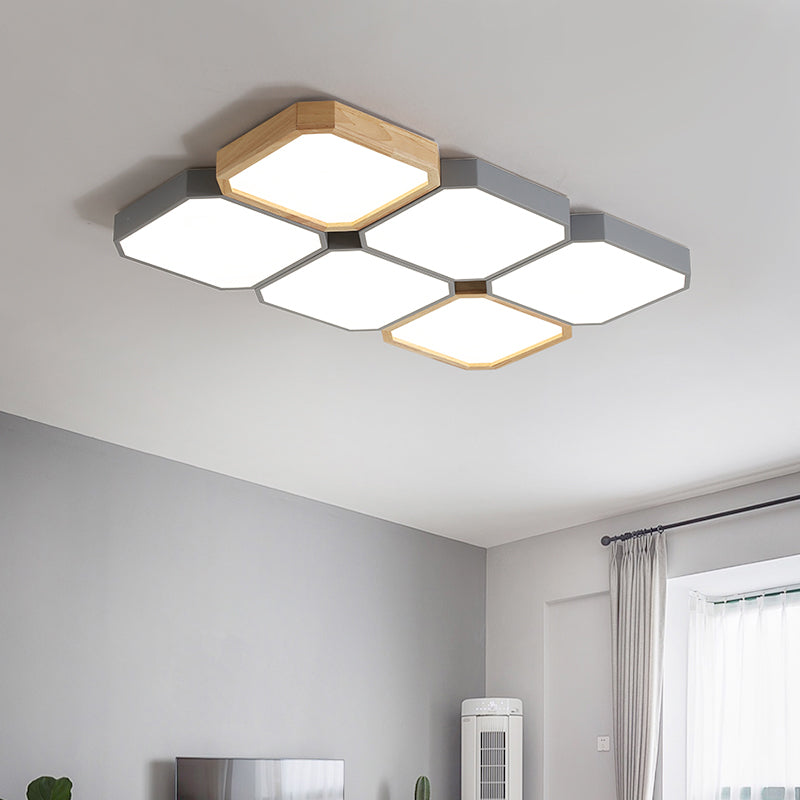 Checkered LED Flush Light Fixture Nordic Metal Grey and Wood Ceiling Lamp for Living Room Clearhalo 'Ceiling Lights' 'Close To Ceiling Lights' 'Close to ceiling' 'Flush mount' Lighting' 2307491