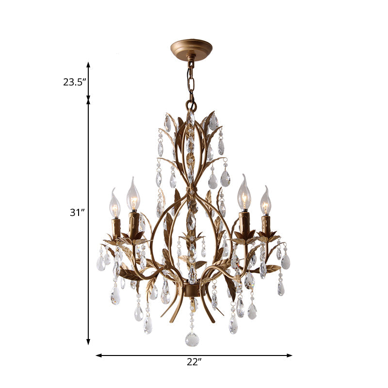 Brass Candle Chandelier Lamp Retro 5 Heads Metal Ceiling Pendant Light with Crystal Teardrop Clearhalo 'Ceiling Lights' 'Chandeliers' Lighting' options 230761