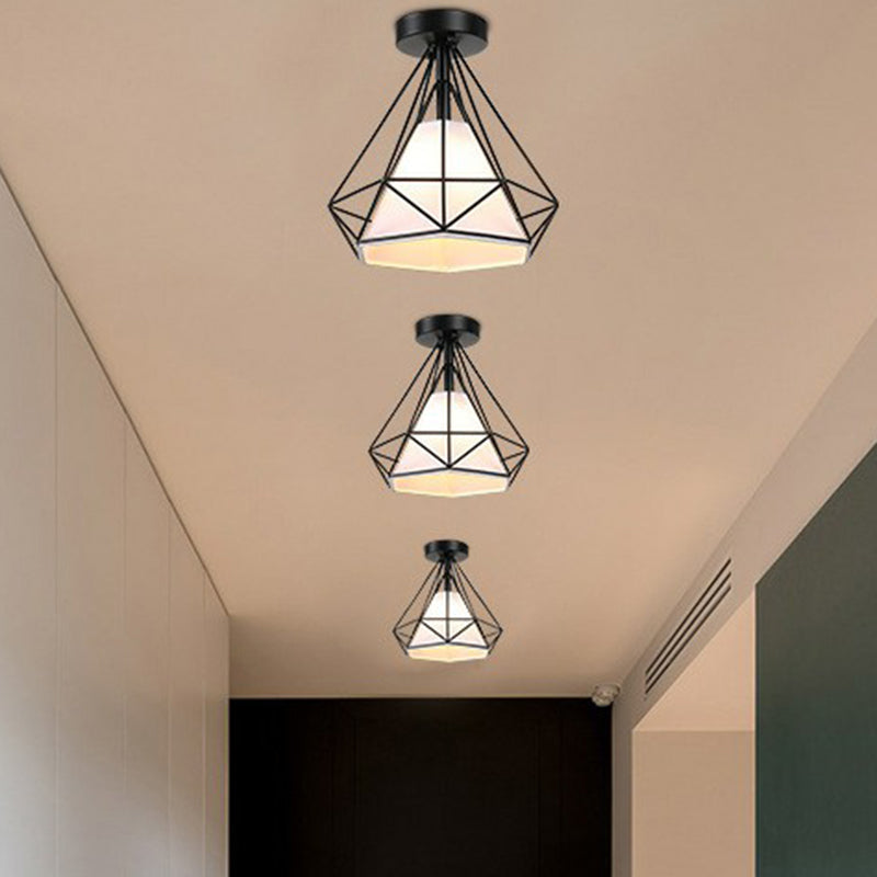 Black Diamond Cage Flush Mount Fixture Vintage Iron 1 Bulb Aisle Semi Flush Ceiling Light Clearhalo 'Ceiling Lights' 'Close To Ceiling Lights' 'Close to ceiling' 'Semi-flushmount' Lighting' 2307888