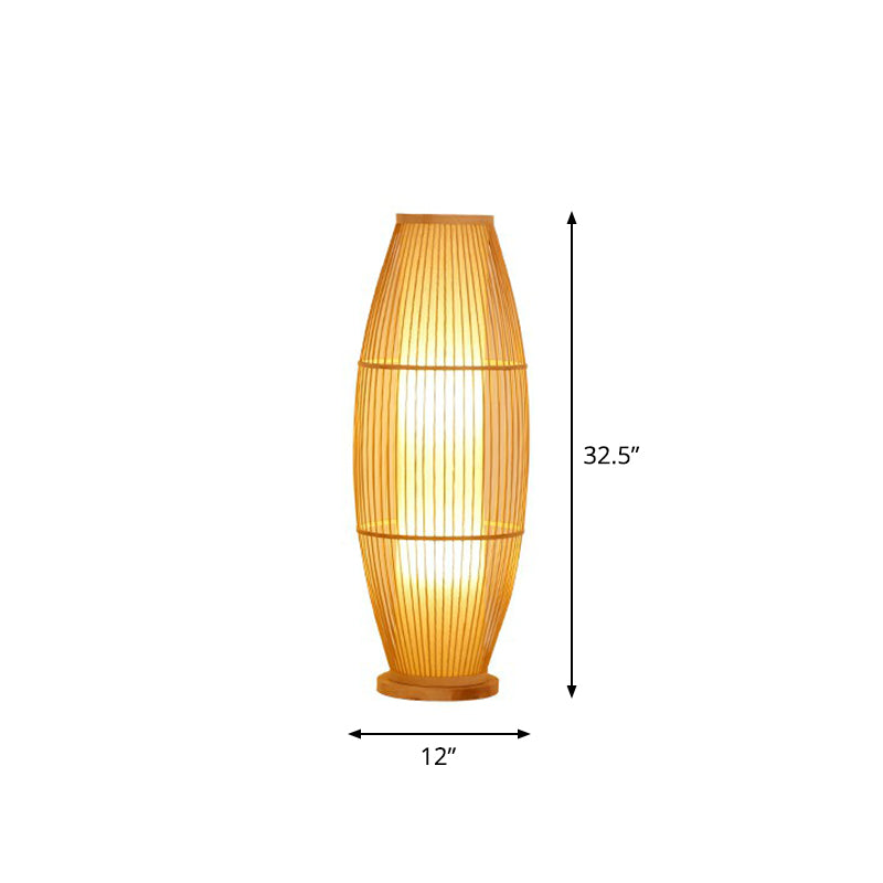 1-Head Living Room Floor Light Modern Wood Standing Lamp with Oval Bamboo Cage Shade Wood 32.5" Clearhalo 'Floor Lamps' 'Lamps' Lighting' 2310412
