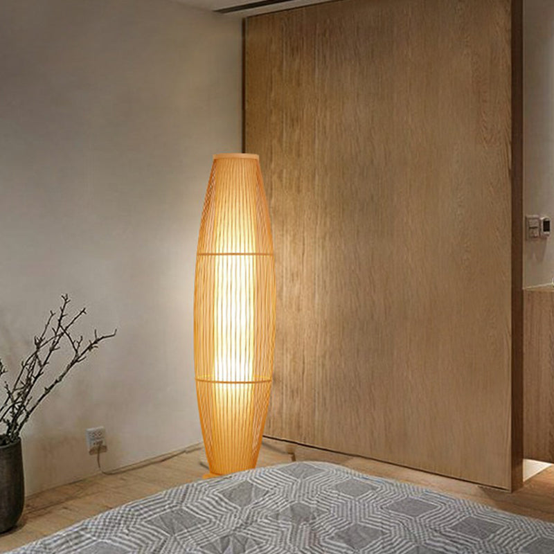 1-Head Living Room Floor Light Modern Wood Standing Lamp with Oval Bamboo Cage Shade Clearhalo 'Floor Lamps' 'Lamps' Lighting' 2310414