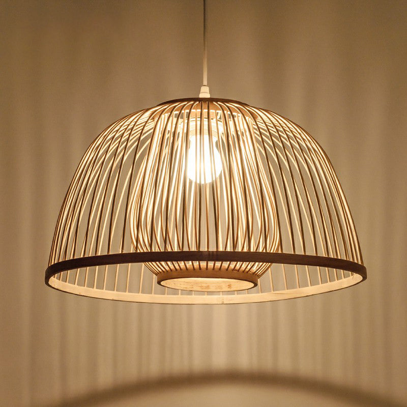 Wood Domed Ceiling Hang Light Modern 1 Head Bamboo Suspension Lamp with Cage Inner Clearhalo 'Ceiling Lights' 'Modern Pendants' 'Modern' 'Pendant Lights' 'Pendants' Lighting' 2310608