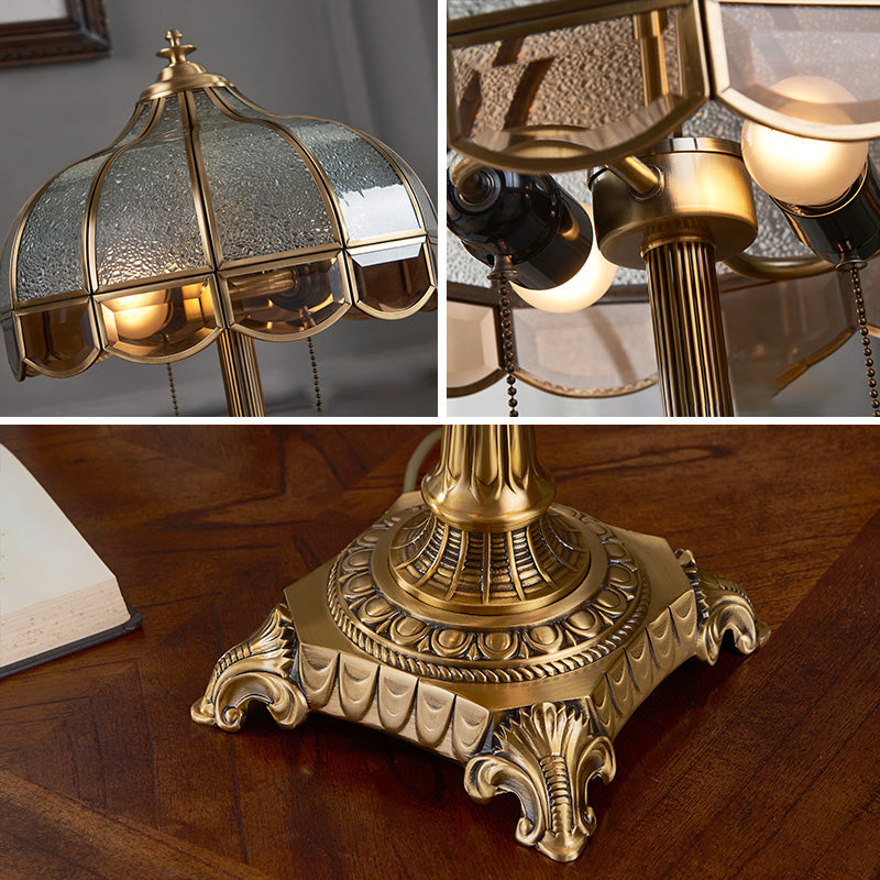 Water Glass Bowl Nightstand Light Traditional 2-Bulb Bedroom Table Lamp with Pull Switch in Brass Clearhalo 'Lamps' 'Table Lamps' Lighting' 2310976