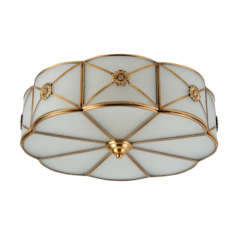 Flower Living Room Flush-Mount Light Antique White Glass Brass Ceiling Lighting with X-Brace Clearhalo 'Ceiling Lights' 'Close To Ceiling Lights' 'Close to ceiling' 'Flush mount' Lighting' 2311027