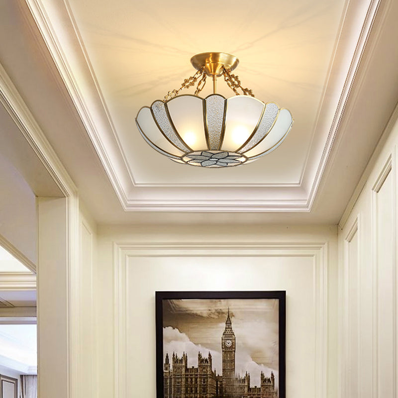 Brass Basket Shaped Chandelier Colonial Style Textured White Glass 4-Light Dining Room Pendant Light Brass Clearhalo 'Ceiling Lights' 'Chandeliers' Lighting' options 2311093_0932a83d-d180-42e5-99f9-28e8c8d5d93c