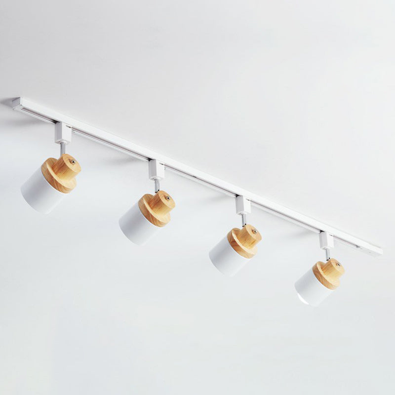 Nordic Cylindrical Flush Mount Spotlight Metal Bedroom Semi Flush Track Light with Wood Deco 4 White Clearhalo 'Ceiling Lights' 'Close To Ceiling Lights' 'Close to ceiling' 'Semi-flushmount' Lighting' 2311462