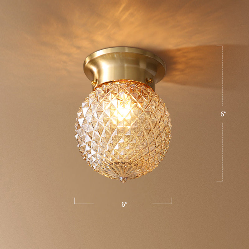 Brass Ball Flush Mount Light Country Clear Lattice Glass Single Corridor Semi Flush Ceiling Light Clearhalo 'Ceiling Lights' 'Close To Ceiling Lights' 'Close to ceiling' 'Semi-flushmount' Lighting' 2311581