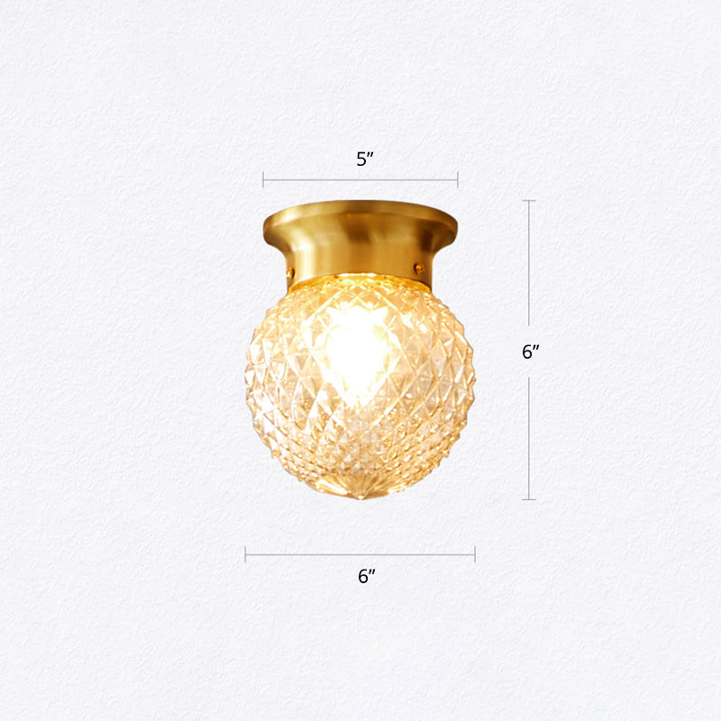 Brass Ball Flush Mount Light Country Clear Lattice Glass Single Corridor Semi Flush Ceiling Light Clearhalo 'Ceiling Lights' 'Close To Ceiling Lights' 'Close to ceiling' 'Semi-flushmount' Lighting' 2311582