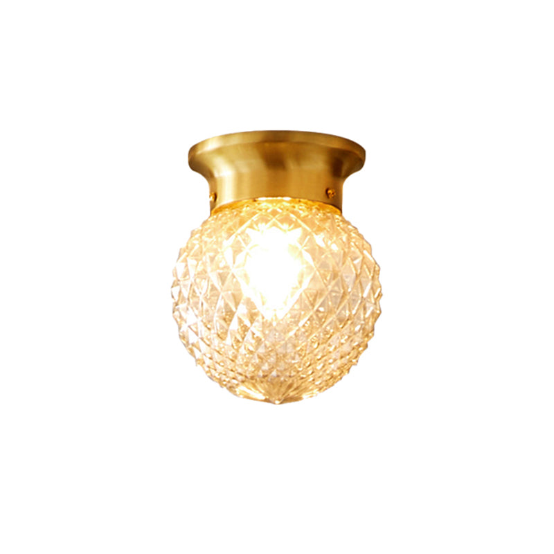 Brass Ball Flush Mount Light Country Clear Lattice Glass Single Corridor Semi Flush Ceiling Light Clearhalo 'Ceiling Lights' 'Close To Ceiling Lights' 'Close to ceiling' 'Semi-flushmount' Lighting' 2311583